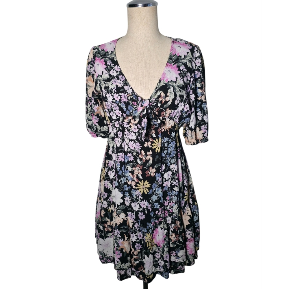 Saltwater Luxe Floral Mini Dress Small Black Pink Boho Tie Front Puff Sleeve - Picture 6 of 13